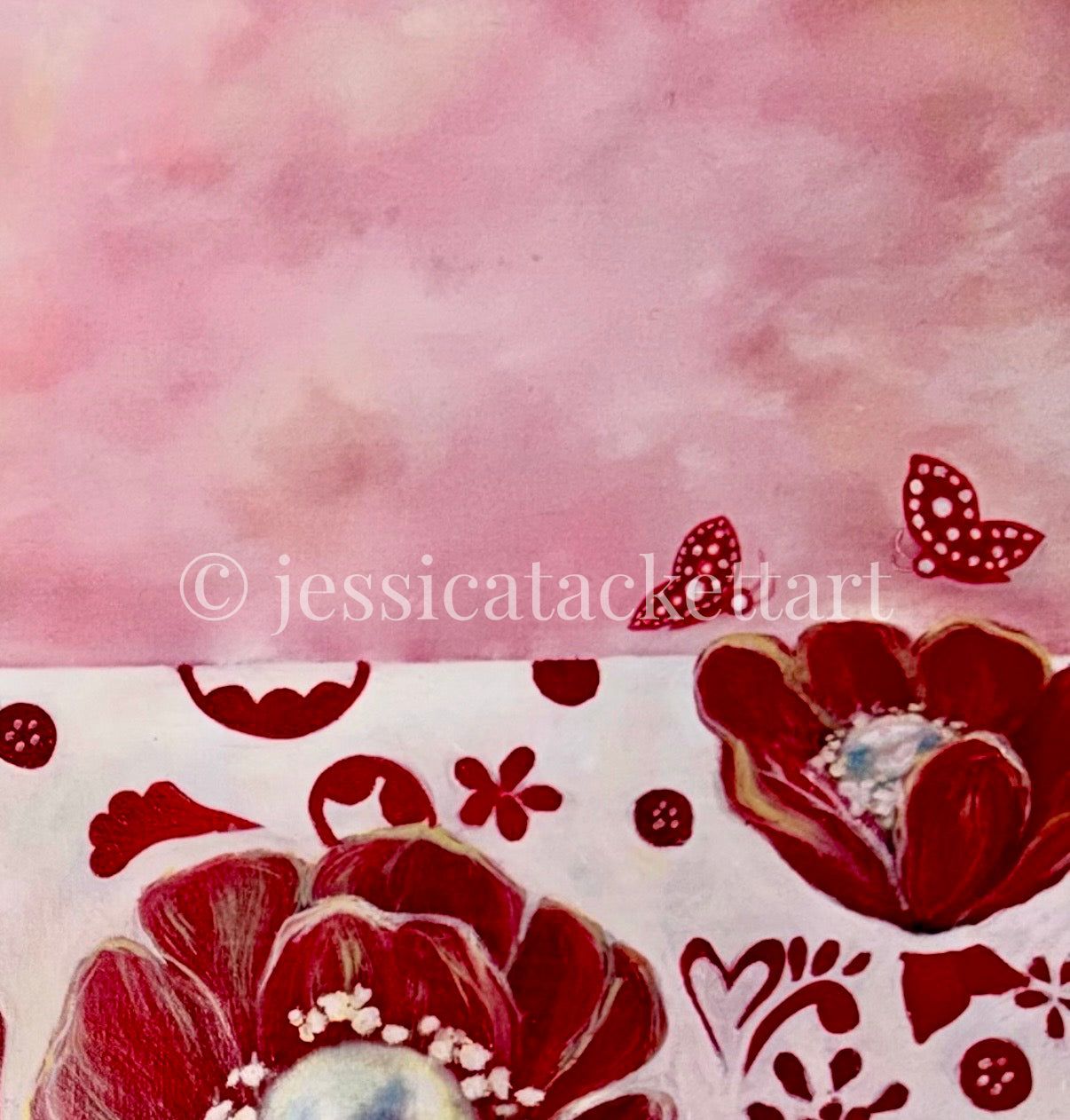 Olja's Pearls - full view with pink sky and butterflies