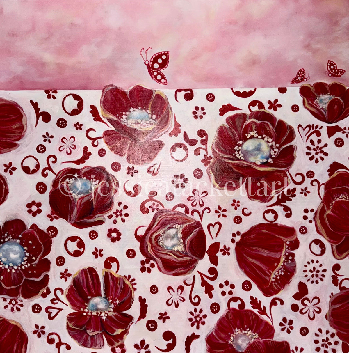 Olja's Pearls - detail view, crimson poppies with pearl centers and folk patterns