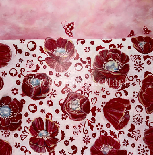 Olja's Pearls - detail view, crimson poppies with pearl centers and folk patterns